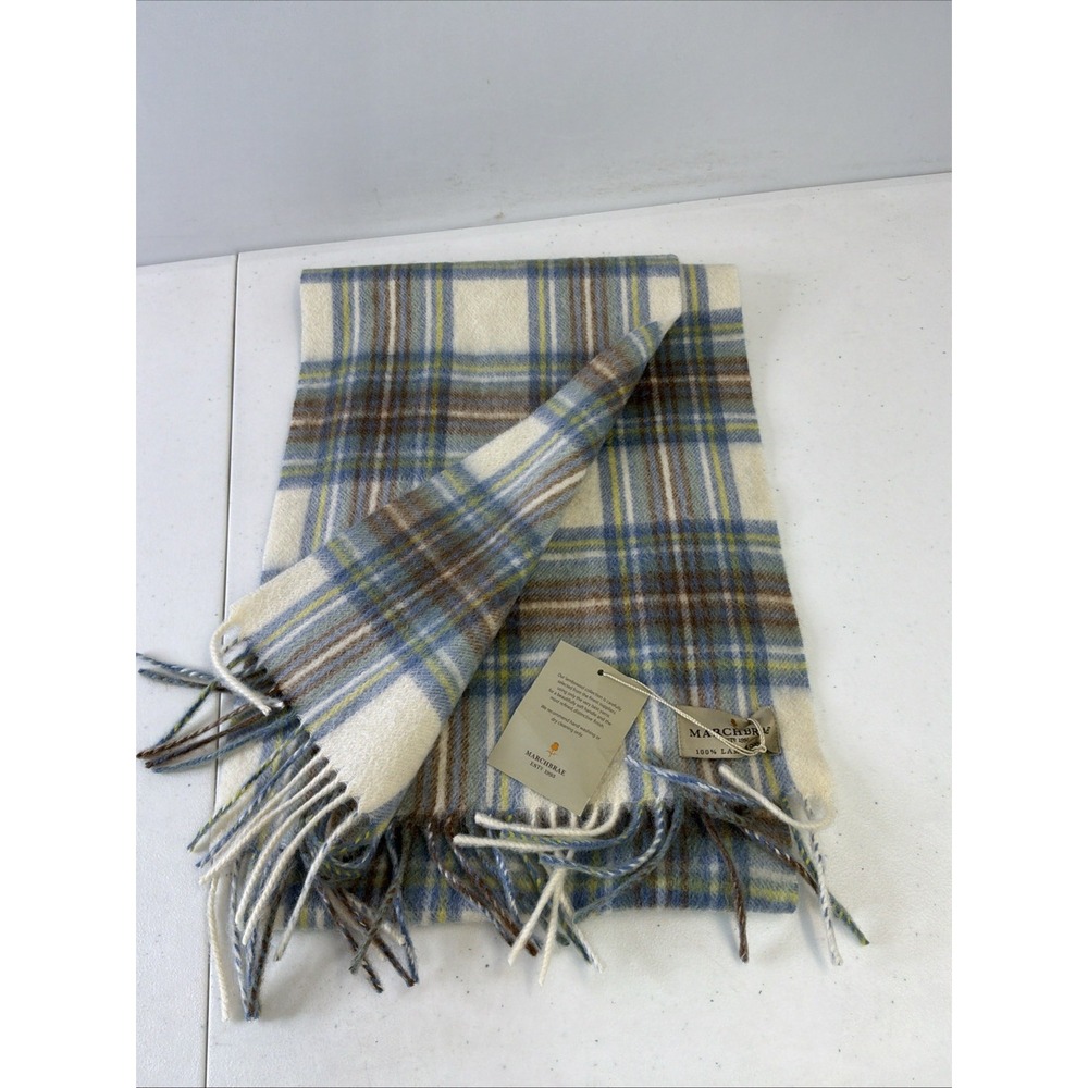New Marchbrae Scarf 10x66 100% Lambswool Grey Light Blue Plaid Gorgeous Soft